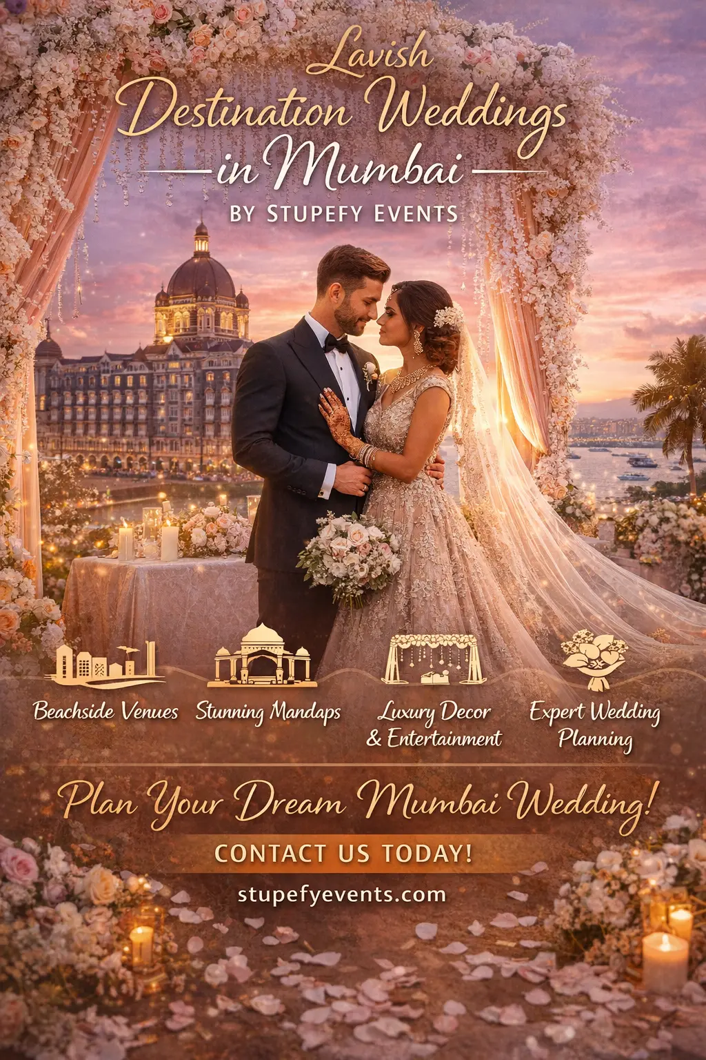 Luxury destination wedding in Mumbai by Stupefy Events featuring a bride and groom on a rooftop terrace with the Taj Mahal Palace Hotel in the background, decorated with floral arrangements, elegant mandap, and sunset views