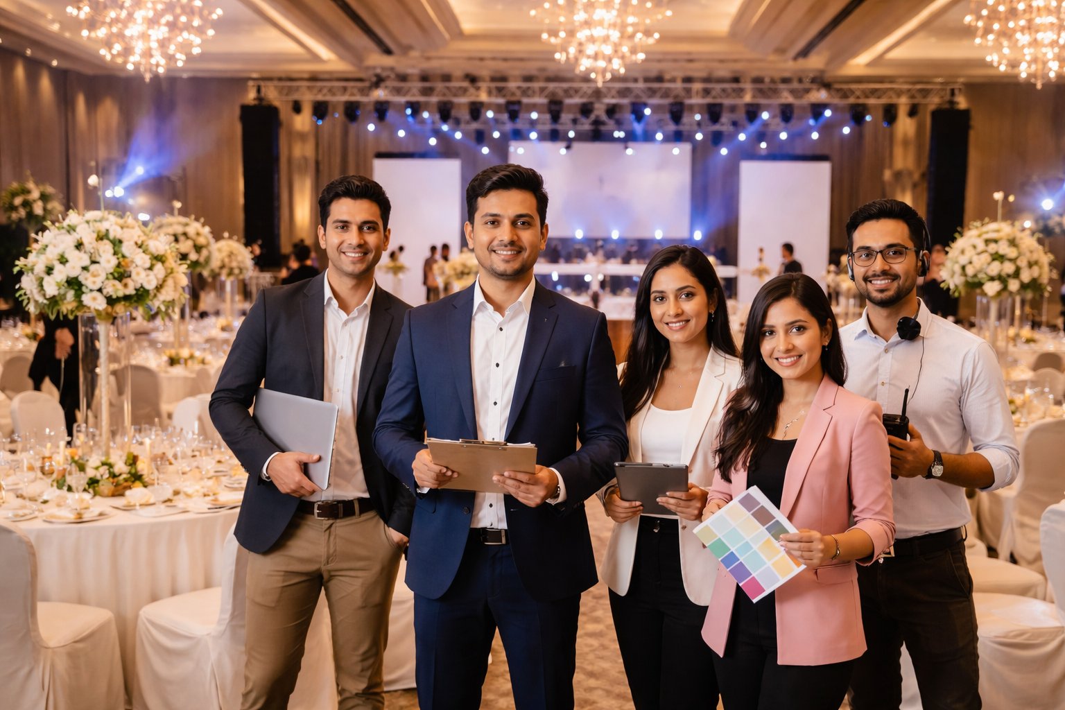 Professional event management team preparing a corporate and brand event in Mumbai ballroom, showcasing Stupefy Events’ corporate event planning and brand activation services